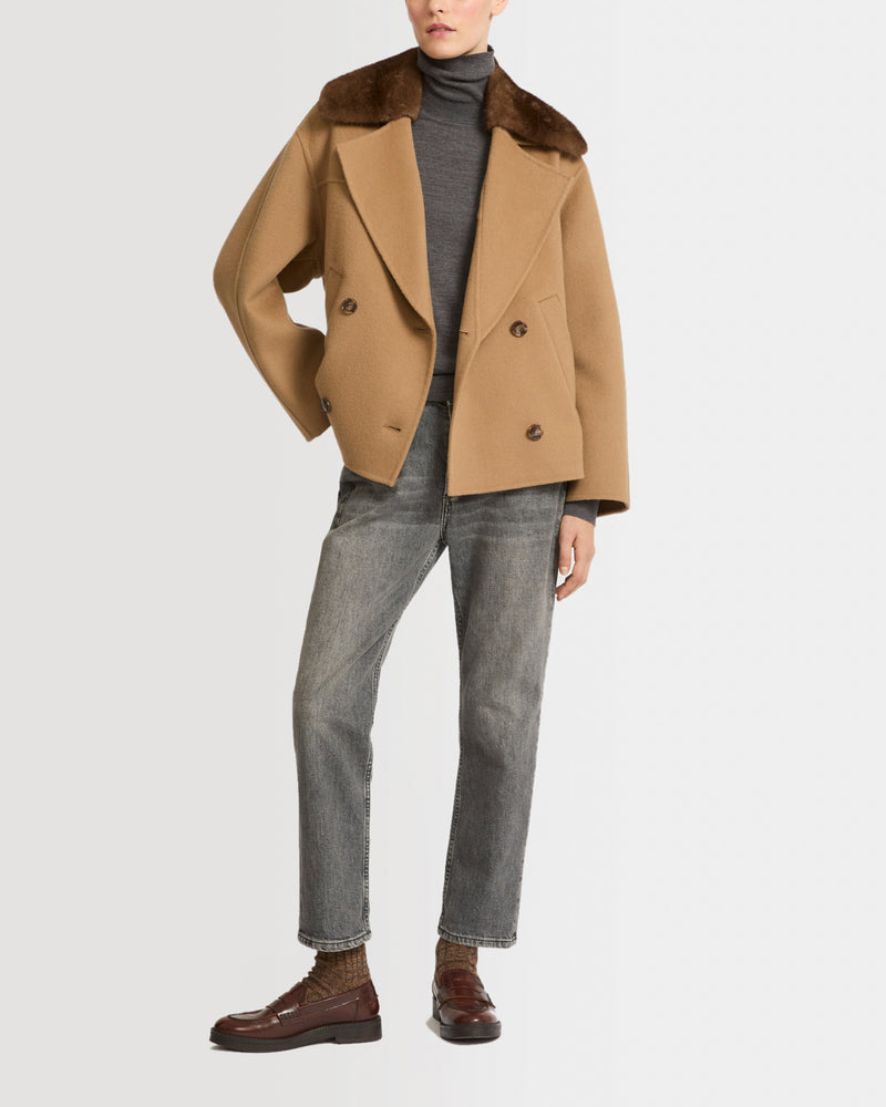 Cashmere blend pea jacket with removable mink collar