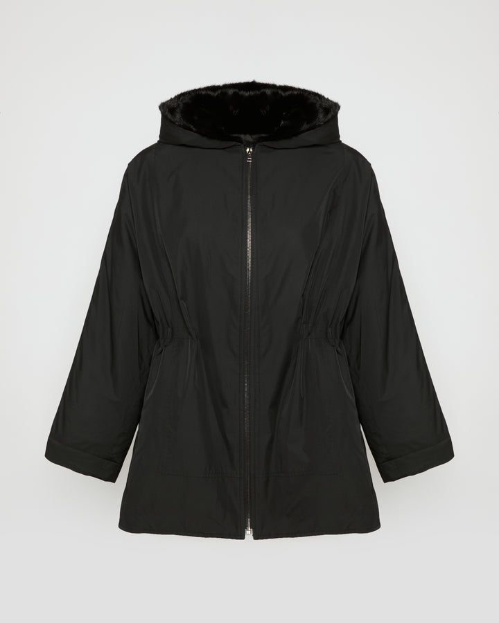 Cape jacket in technical fabric and long-haired mink fur