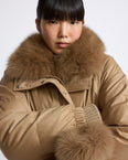 Short down jacket in fabric with detachable fox fur collar and mittens