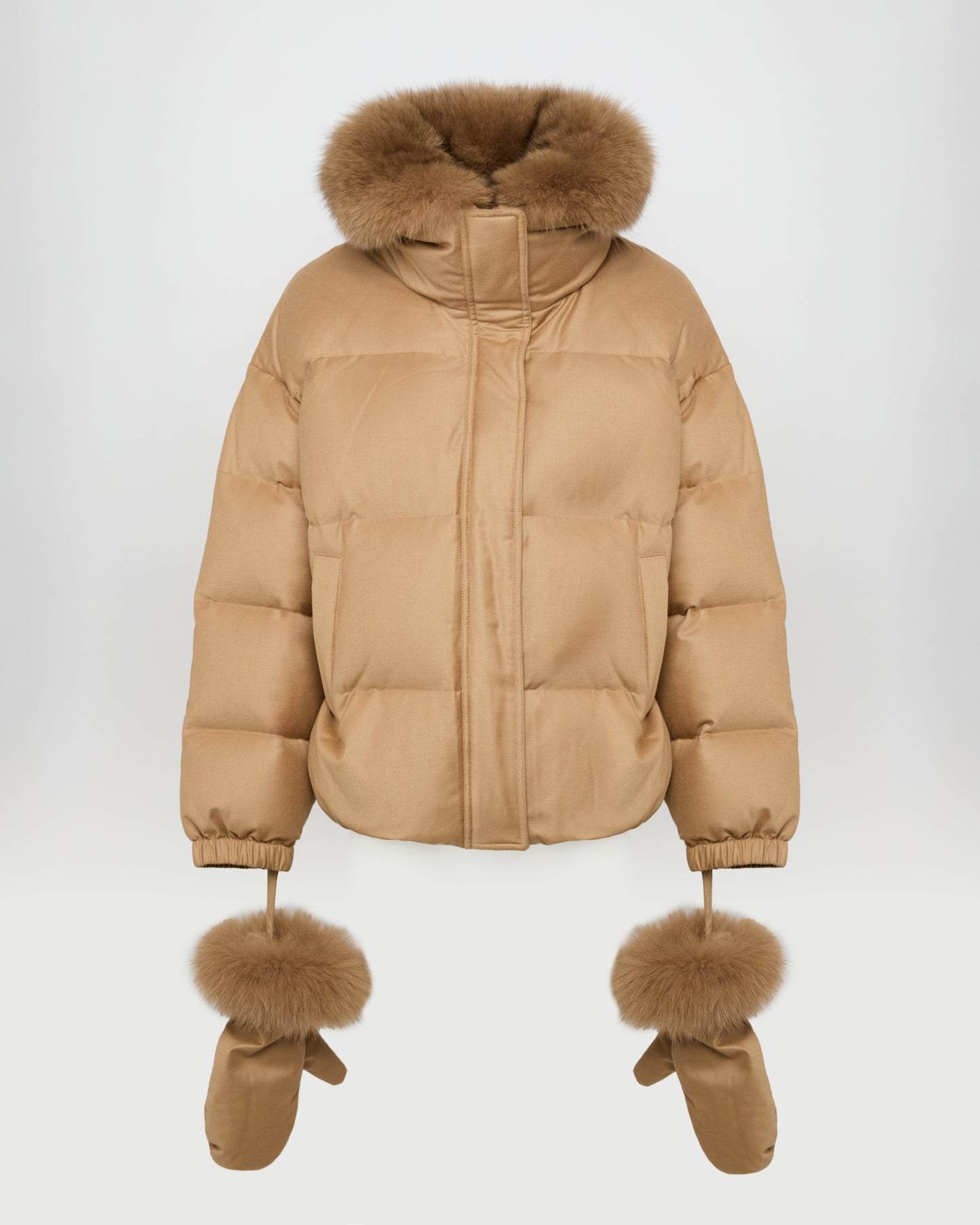 Short Loro Piana fabric down jacket with detachable fox fur collar and mittens -Yves Salomon