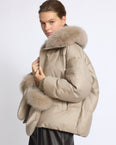 Short down jacket in flannel fabric with detachable fox fur collar and mittens
