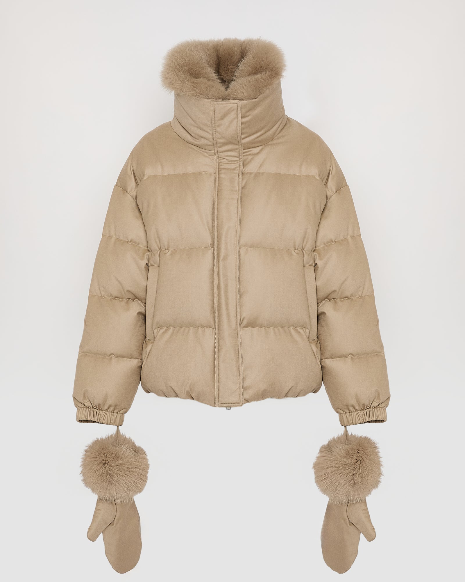 Short down jacket with detachable fox fur collar and mittens -Yves Salomon