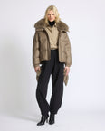 Short down jacket in flannel fabric with detachable fox fur collar and mittens