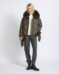 Short down jacket in flannel fabric with detachable fox fur collar and mittens
