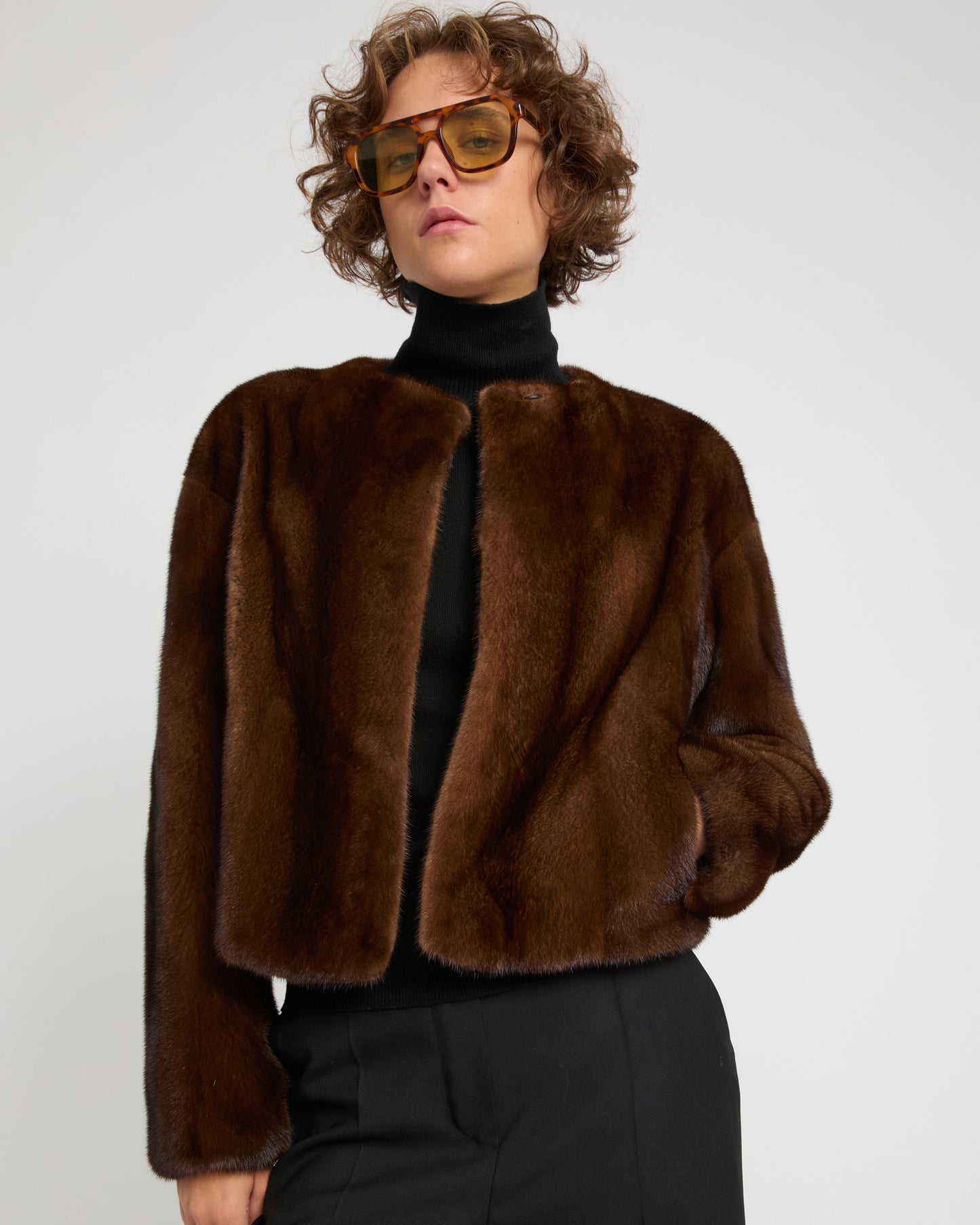 Long-haired mink fur round neck jacket -Yves Salomon