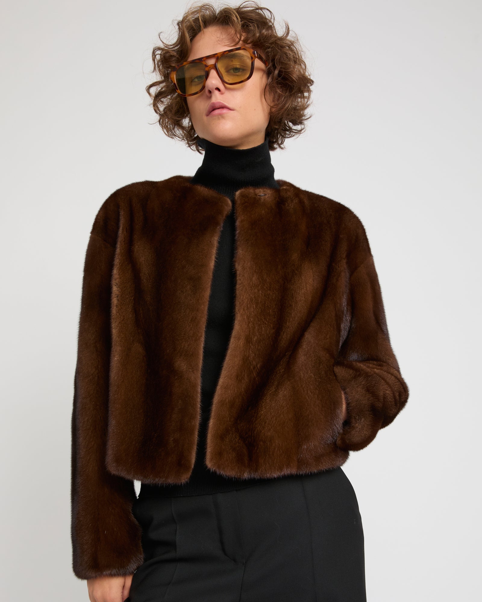 Long-haired mink fur round neck jacket -Yves Salomon