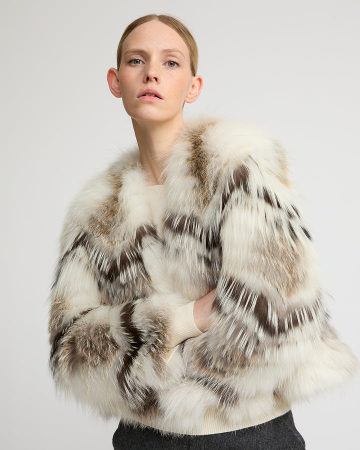Belted cardigan in merino knit and fox fur