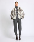Belted cardigan in merino knit and fox fur