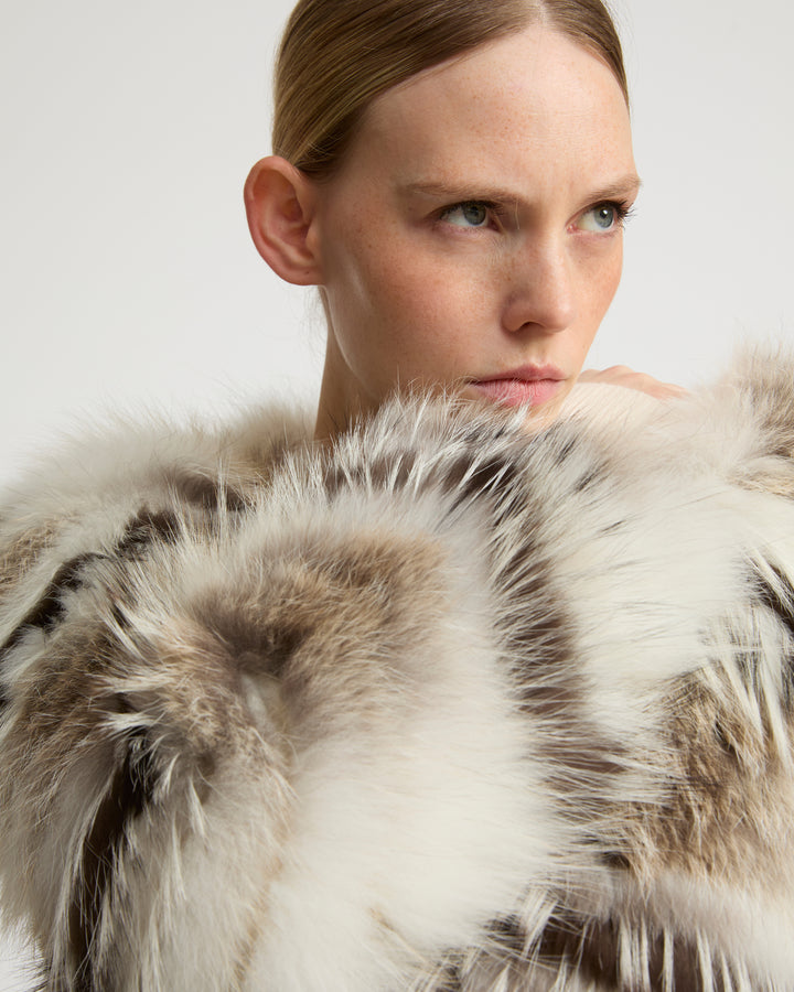 Belted cardigan in merino knit and fox fur