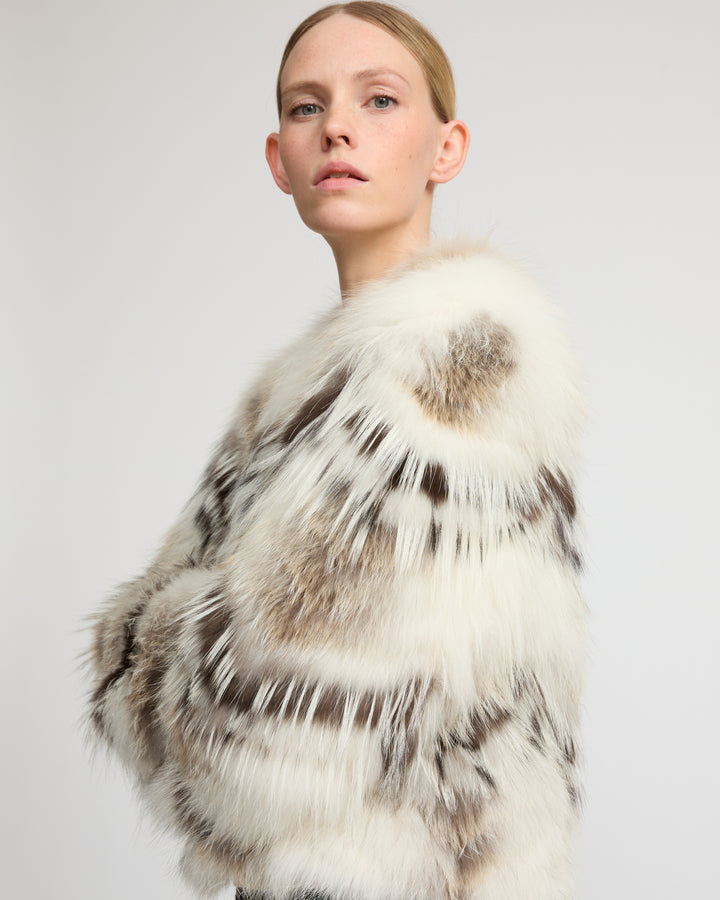 Belted cardigan in merino knit and fox fur