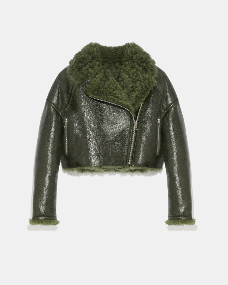 Cropped biker jacket in patent merino-Yves Salomon-Winter sale & boxing day