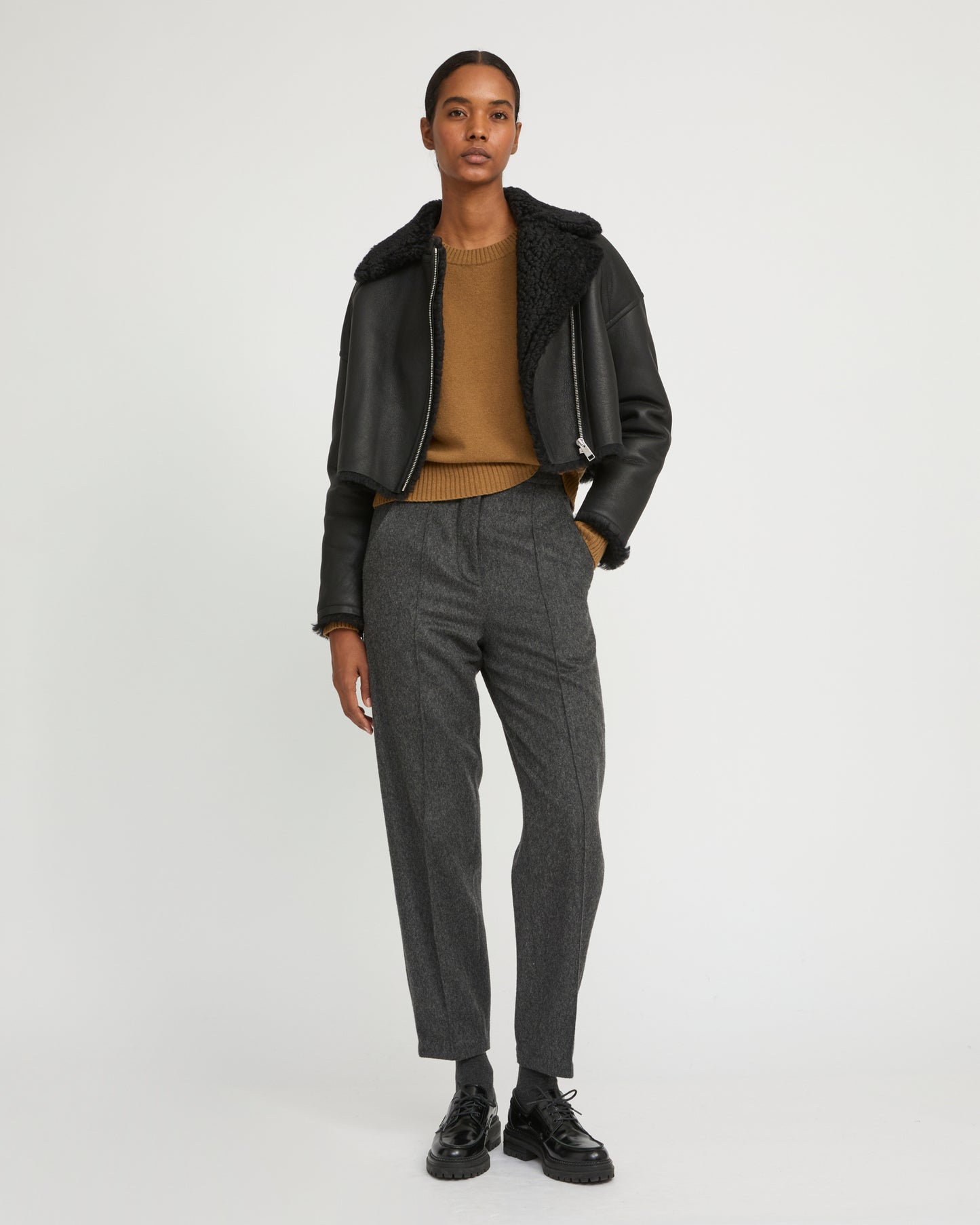 Cropped biker jacket in Icelandic Merino shearling with vintage finish