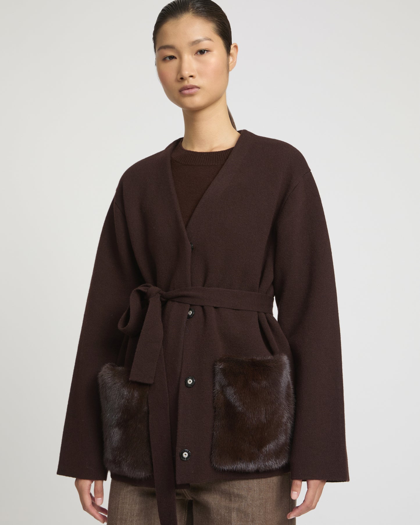 Belted knit and mink jacket -Yves Salomon