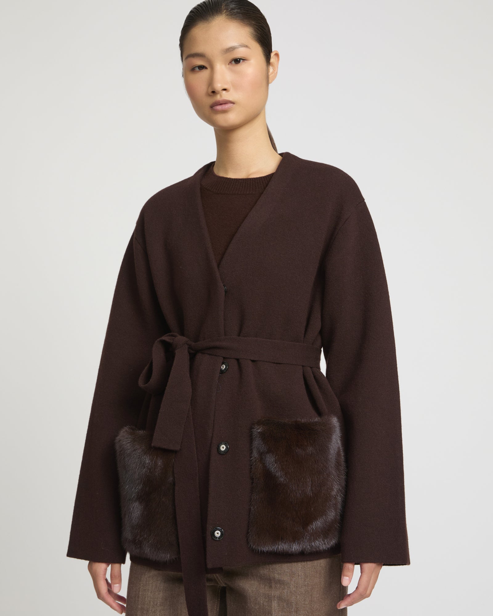 Belted knit and mink jacket -Yves Salomon