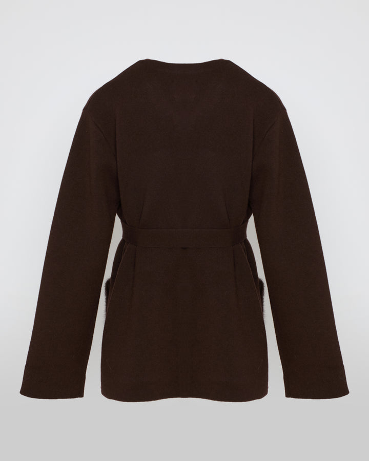 Black Friday - Yves Salomon - Belted knit and mink jacket - brown - back view