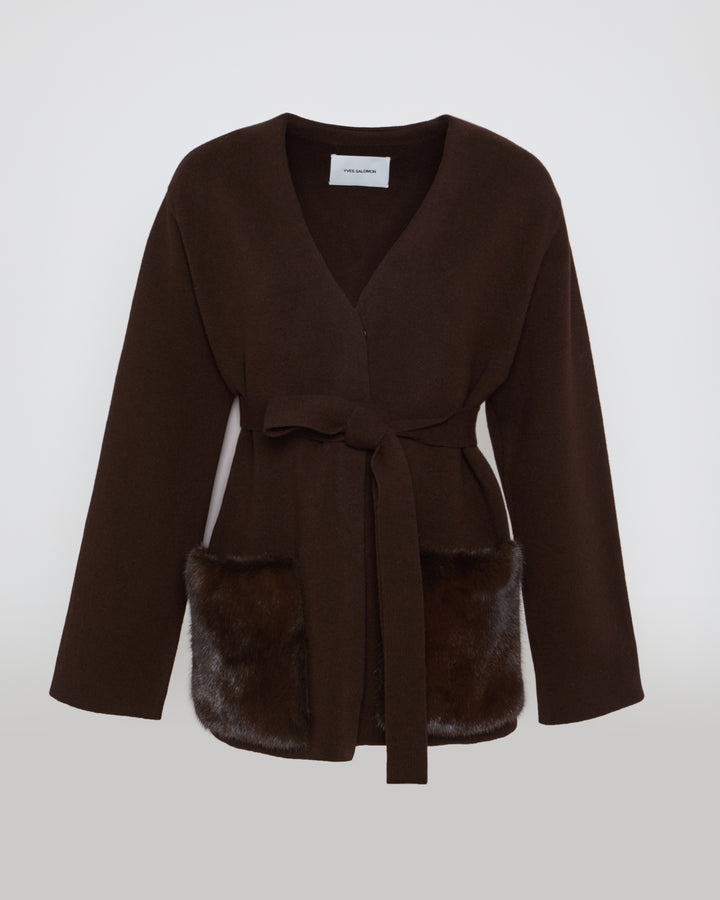 Black Friday - Yves Salomon - Belted knit and mink jacket - brown - front view