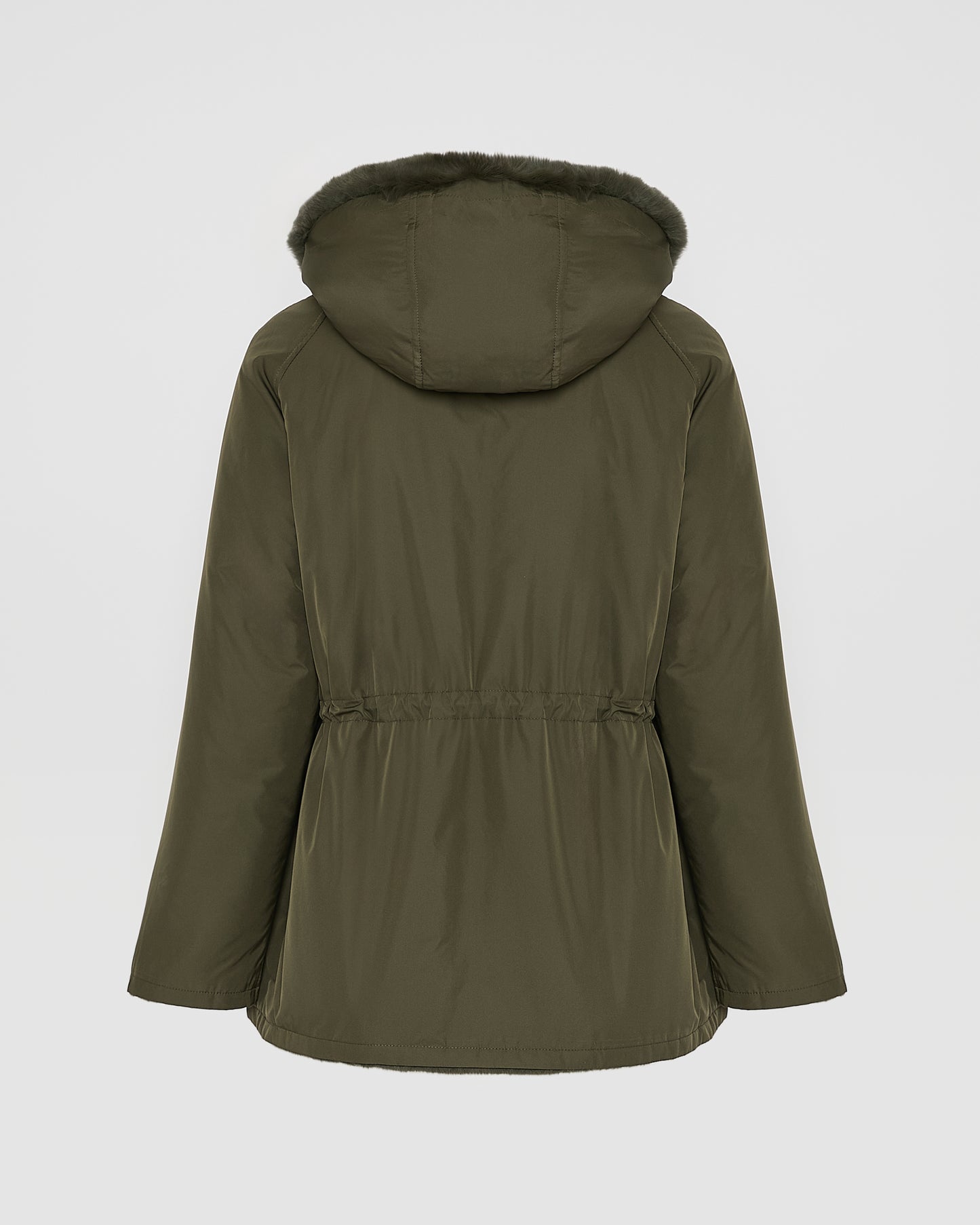Reversible hooded jacket in rabbit rex fur and technical fabric