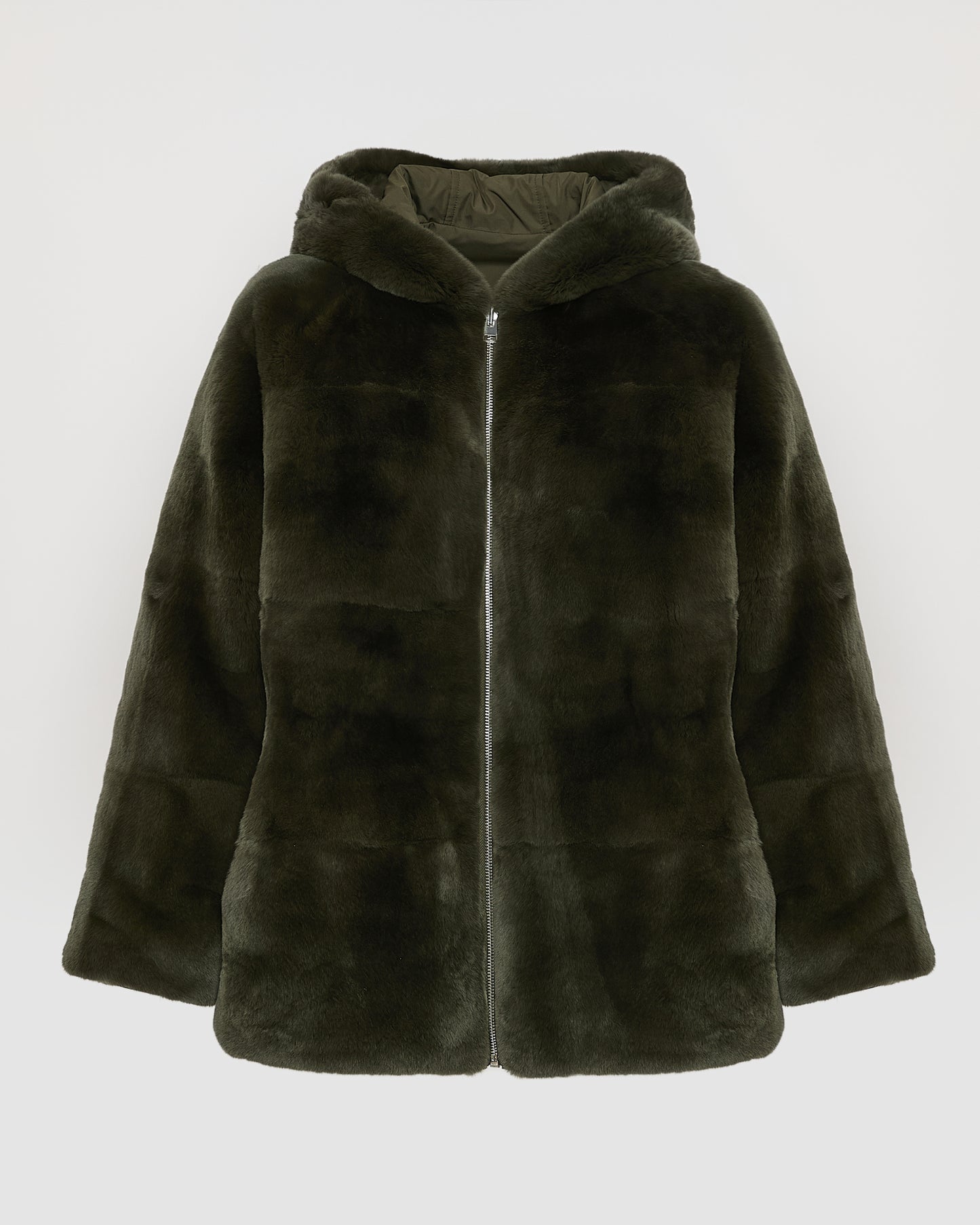 Reversible hooded jacket in rabbit rex fur and technical fabric