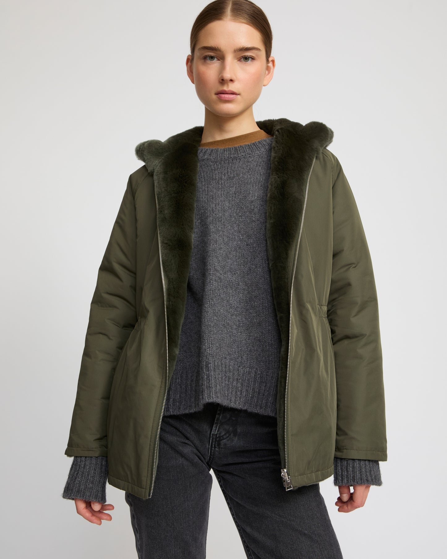 Reversible hooded jacket in rabbit rex fur and technical fabric