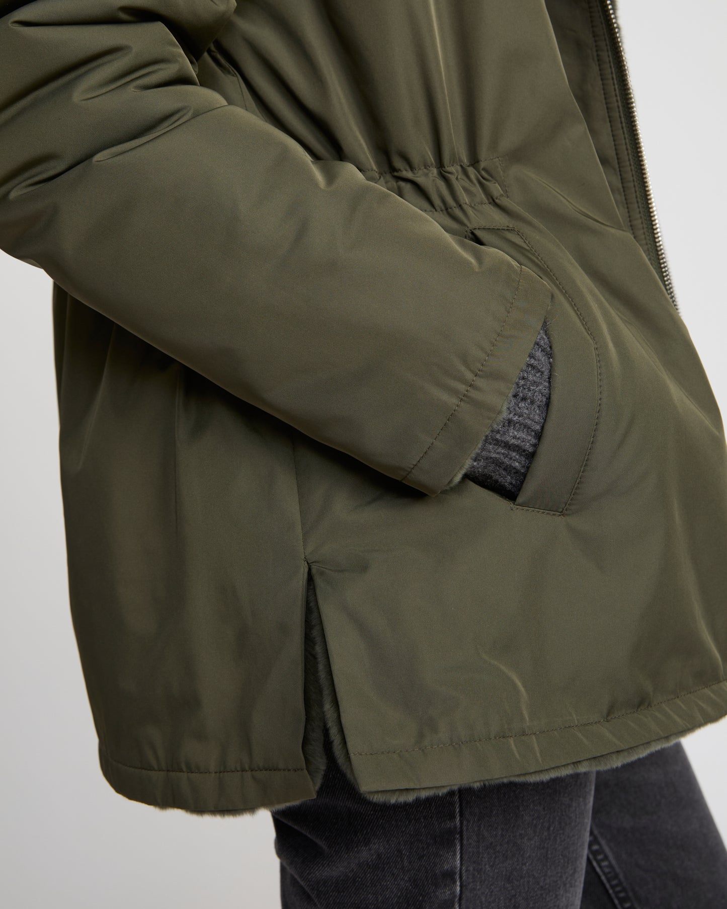 Reversible hooded jacket in rabbit rex fur and technical fabric