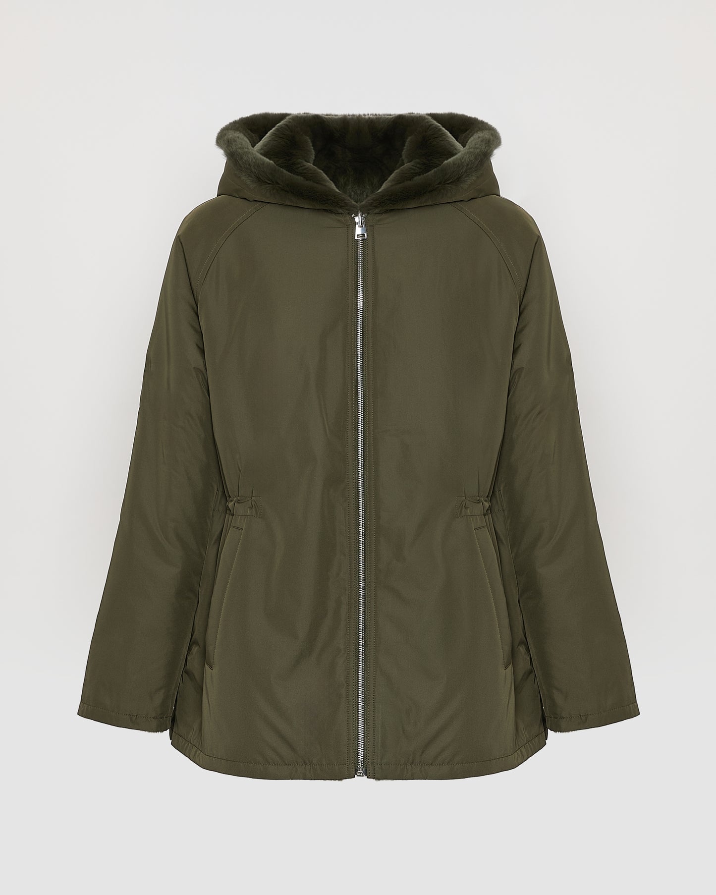 Reversible hooded jacket in rabbit rex fur and technical fabric