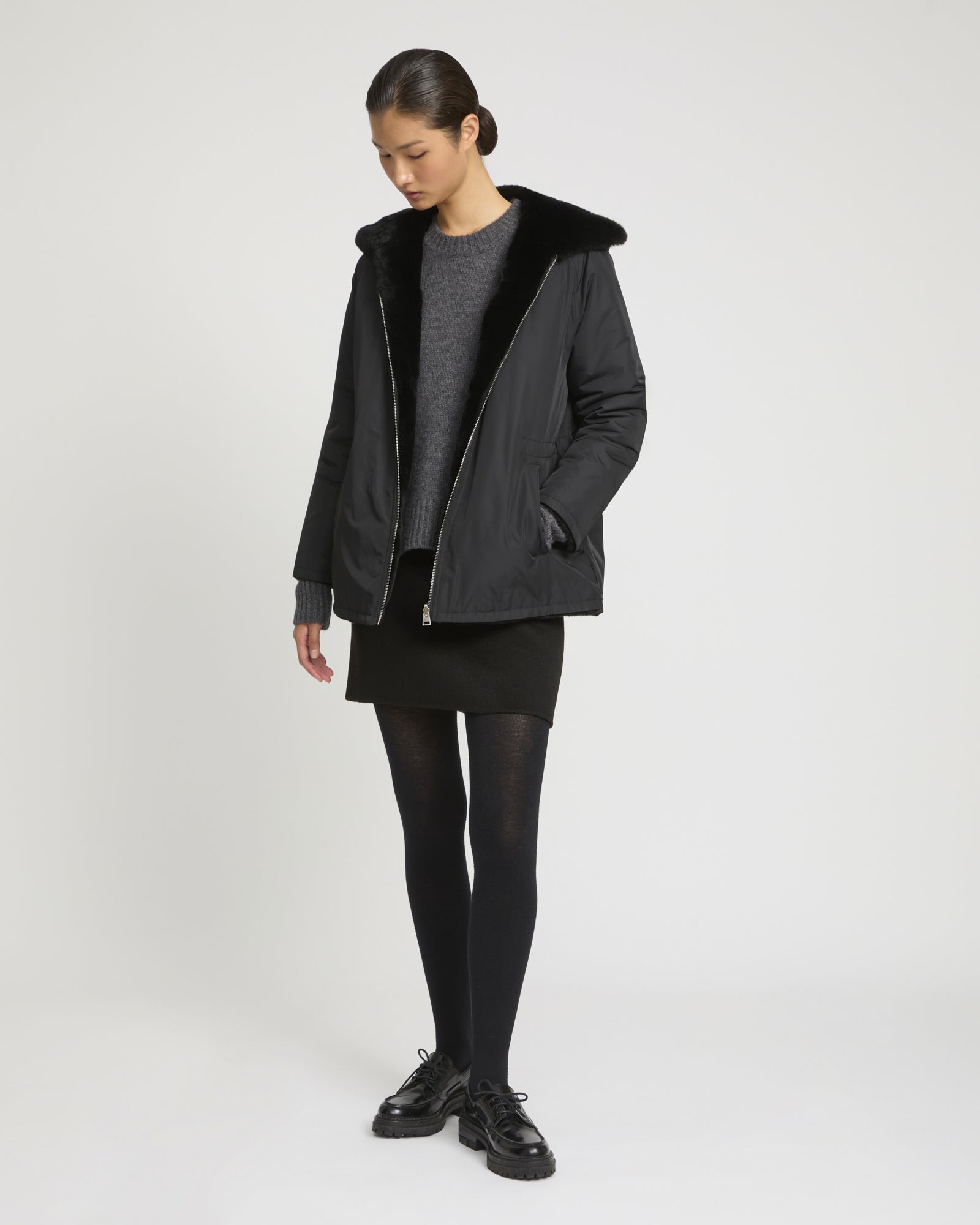 Reversible hooded jacket in rabbit rex fur and technical fabric -Yves Salomon