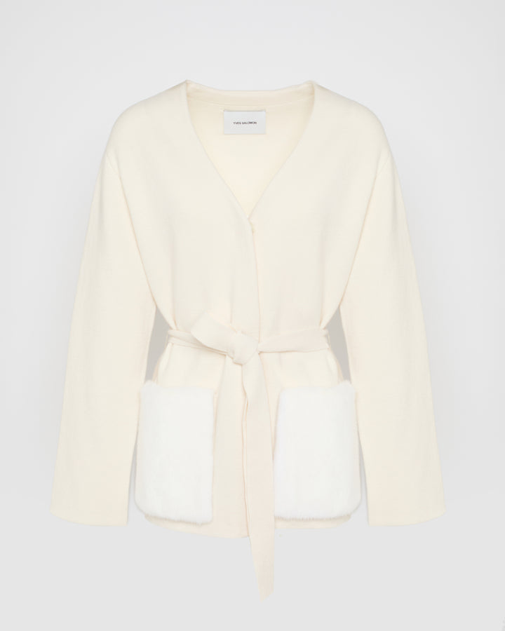 Black Friday - Yves Salomon - Belted knit and mink jacket - white - front view