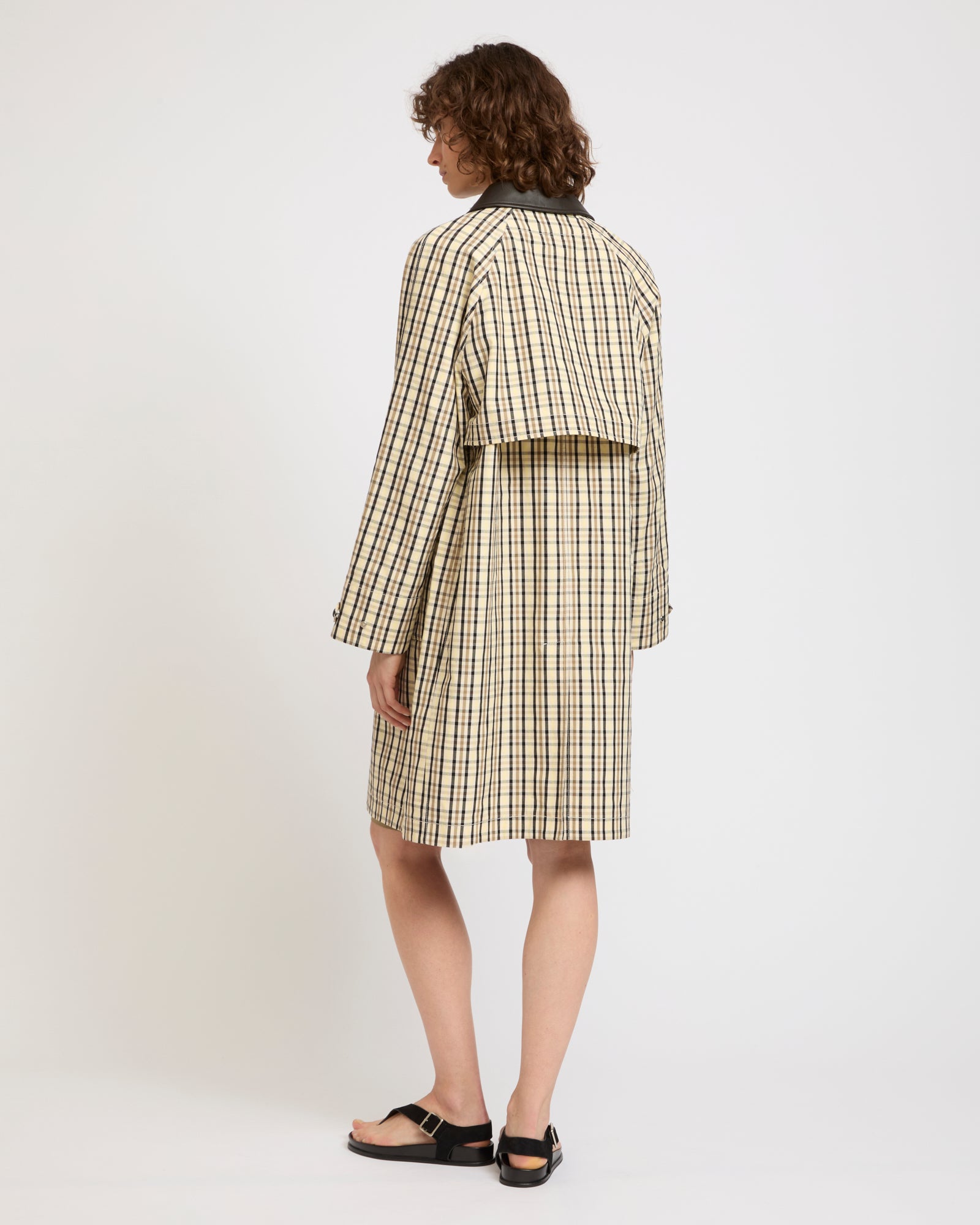 Check pattern jacquard fabric coat with leather collar -Yves Salomon - New spring summer collection