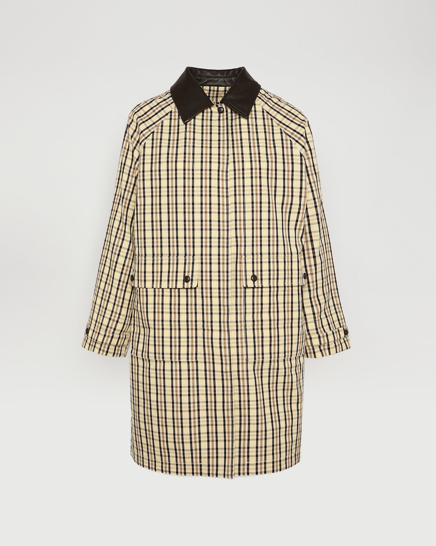 Check pattern jacquard fabric coat with leather collar -Yves Salomon - New spring summer collection