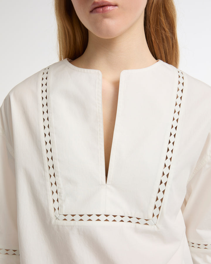 Short sleeve poplin blouse with leather details -Yves Salomon - New spring summer collection