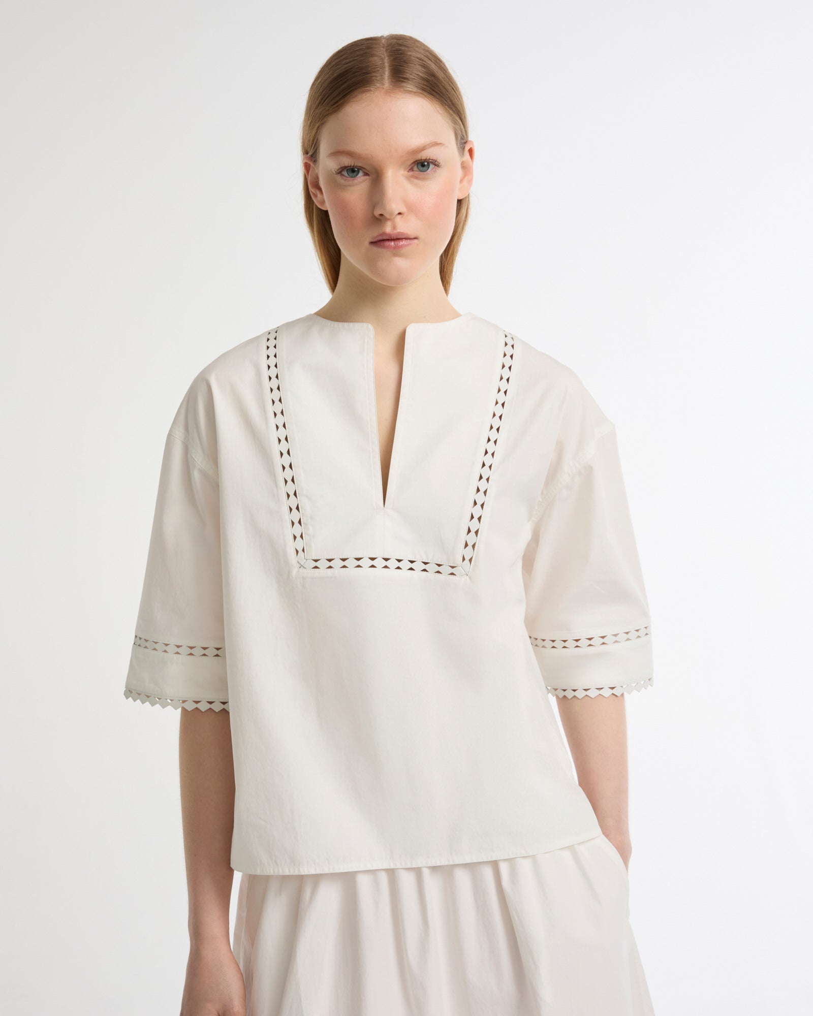 Short sleeve poplin blouse with leather details -Yves Salomon - New spring summer collection