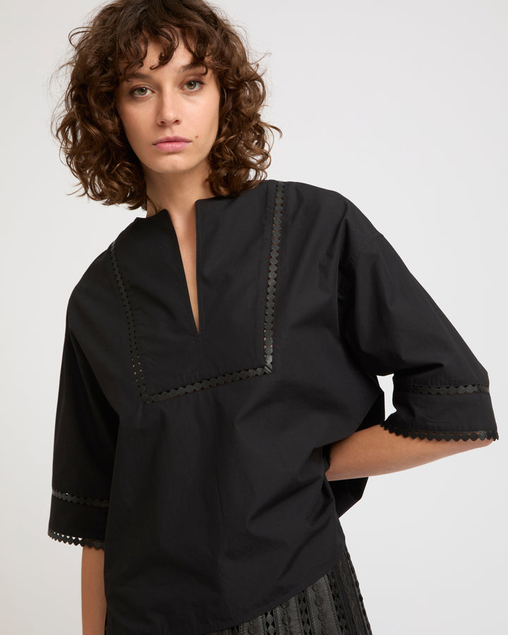 Short sleeve poplin blouse with leather details -Yves Salomon - New spring summer collection