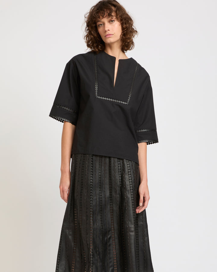 Short sleeve poplin blouse with leather details -Yves Salomon - New spring summer collection