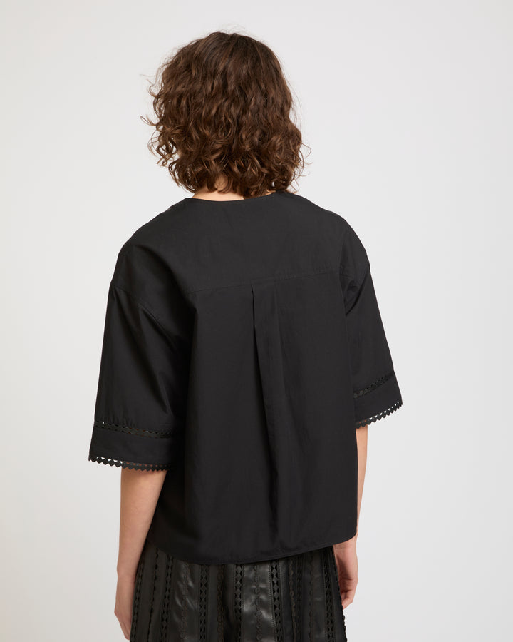 Short sleeve poplin blouse with leather details -Yves Salomon - New spring summer collection