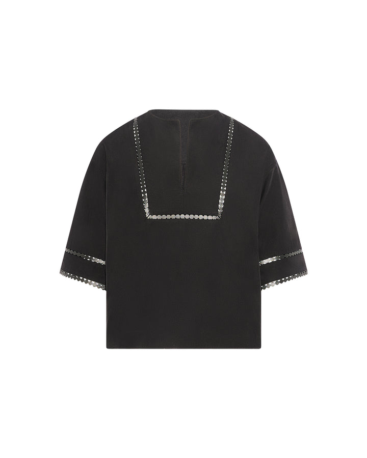 Short sleeve poplin blouse with leather details