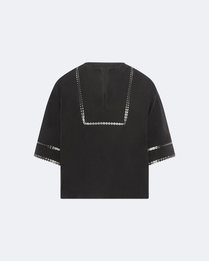 Short sleeve poplin blouse with leather details