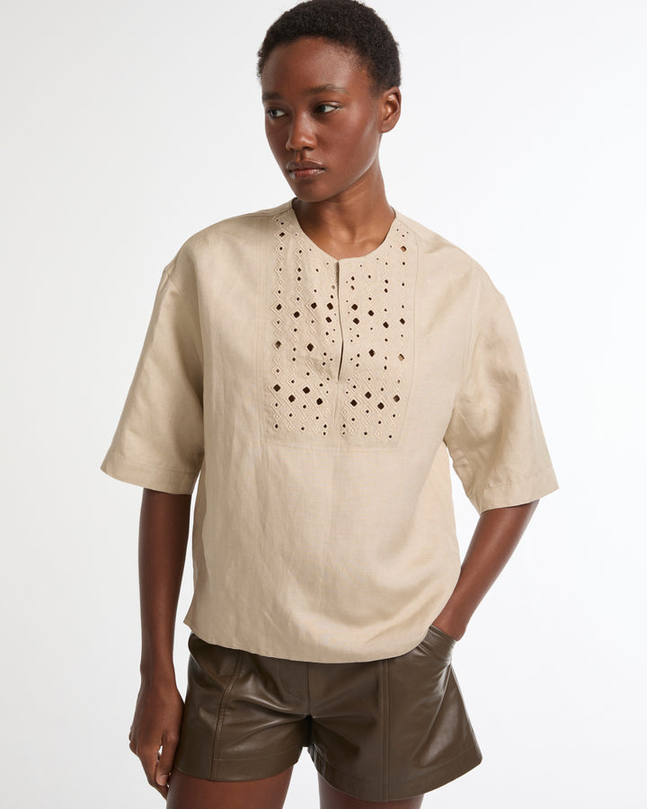Linen embroidered short-sleeved blouse -Yves Salomon - New spring summer collection
