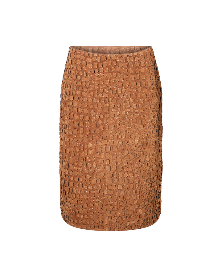 Mid-length suede calfskin skirt with crocodile-effect embossing