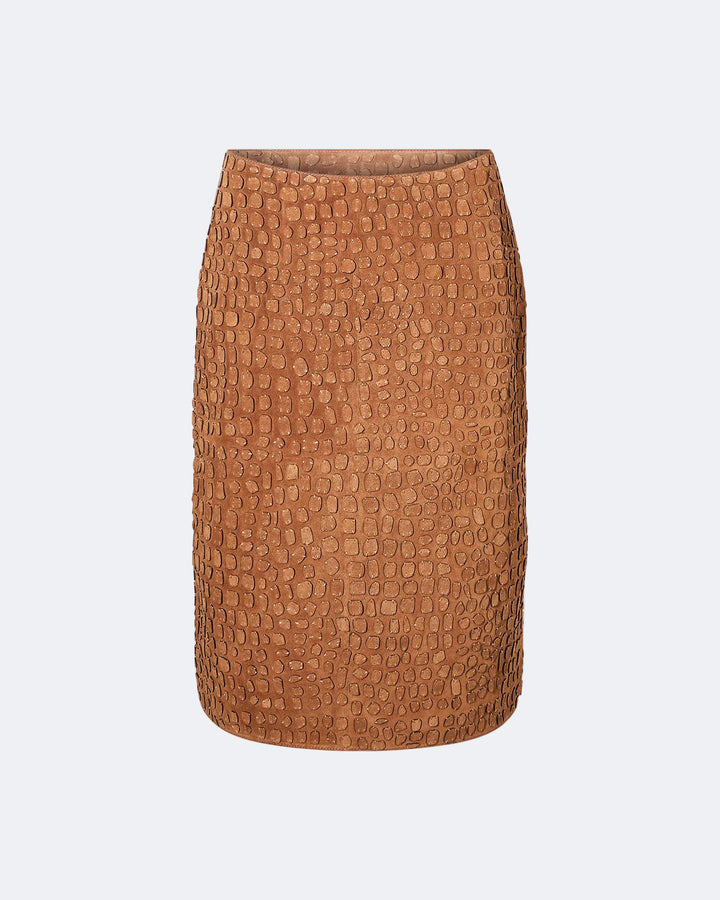 Mid-length suede calfskin skirt with crocodile-effect embossing