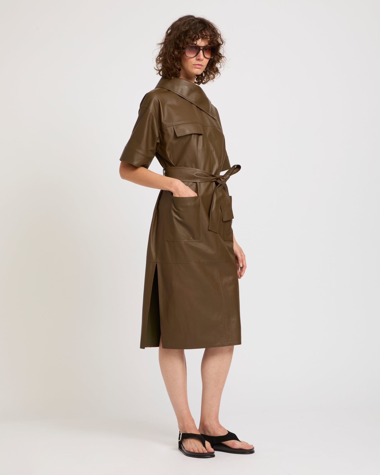 Belted dress with asymmetric leather collar -Yves Salomon - New spring summer collection