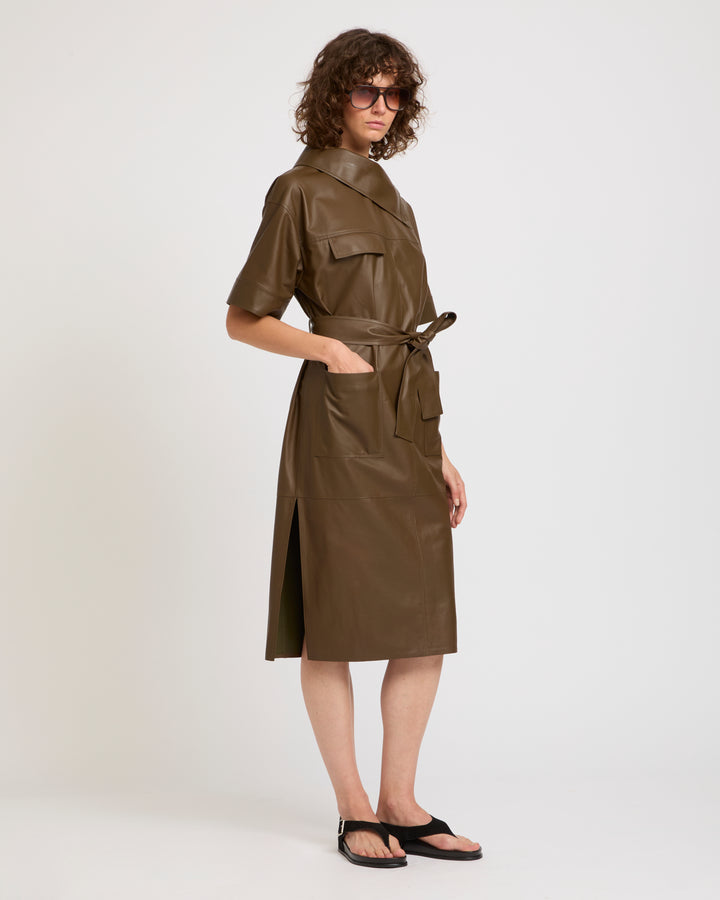 Belted dress with asymmetric leather collar -Yves Salomon - New spring summer collection