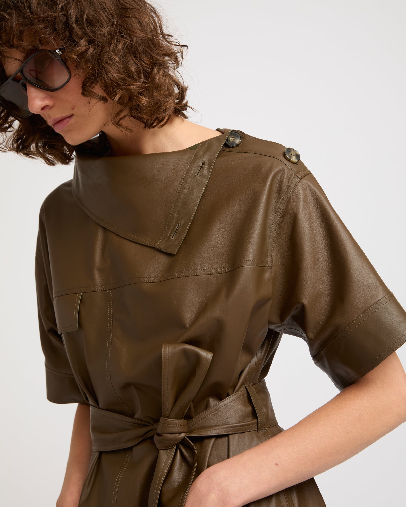 Belted dress with asymmetric leather collar -Yves Salomon - New spring summer collection