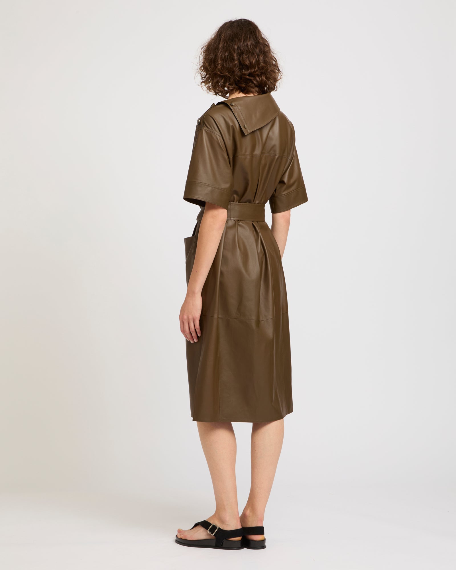 Belted dress with asymmetric leather collar -Yves Salomon - New spring summer collection