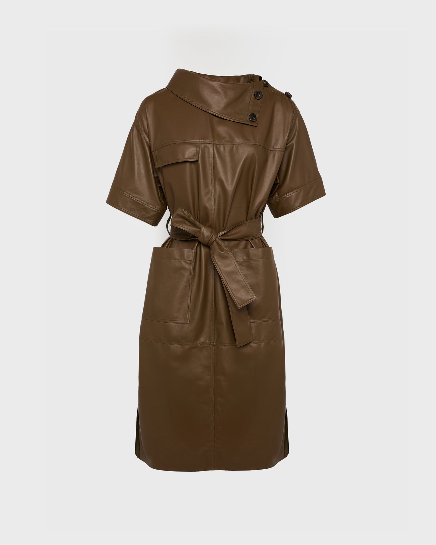 Belted dress with asymmetric leather collar -Yves Salomon - New spring summer collection