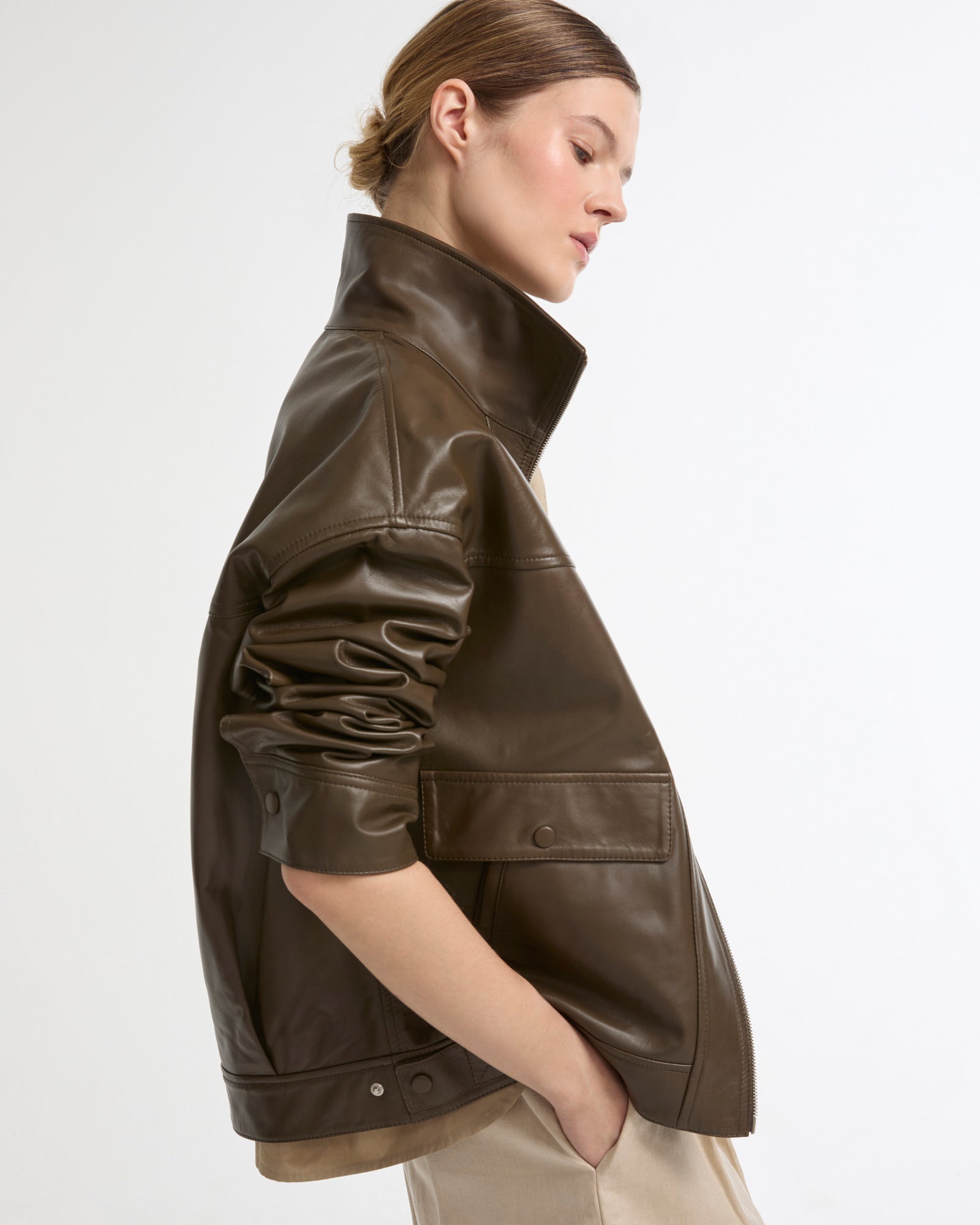 Lamb leather short jacket - khaki green - Yves Salomon – Yves