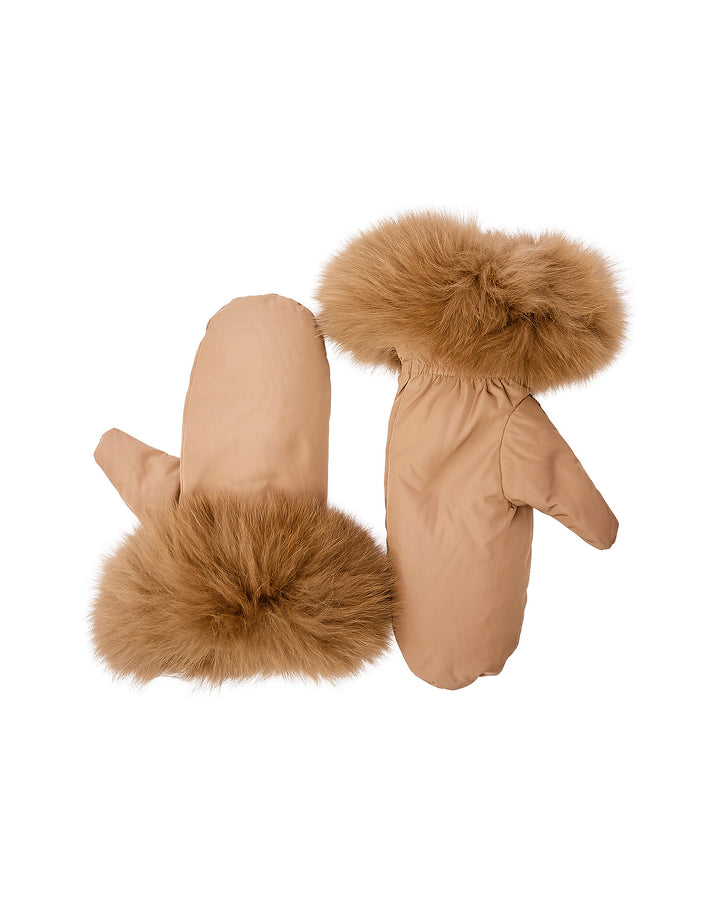 Technical fabric mittens with fox fur trim