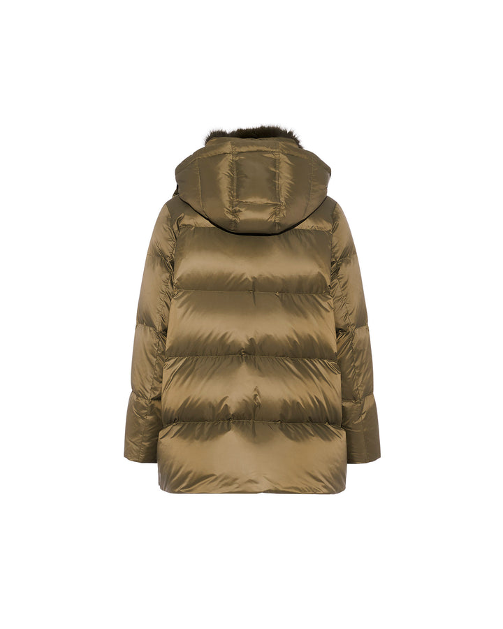 Iconic "A" line down jacket with fox fur collar