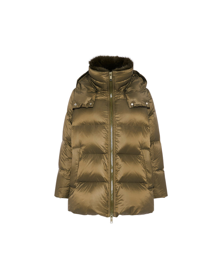 Iconic "A" line down jacket with fox fur collar