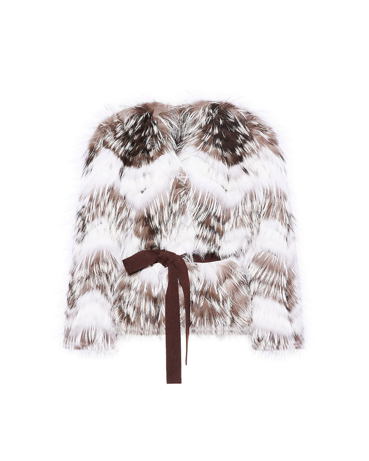 Belted jacket in merino knit and fox fur