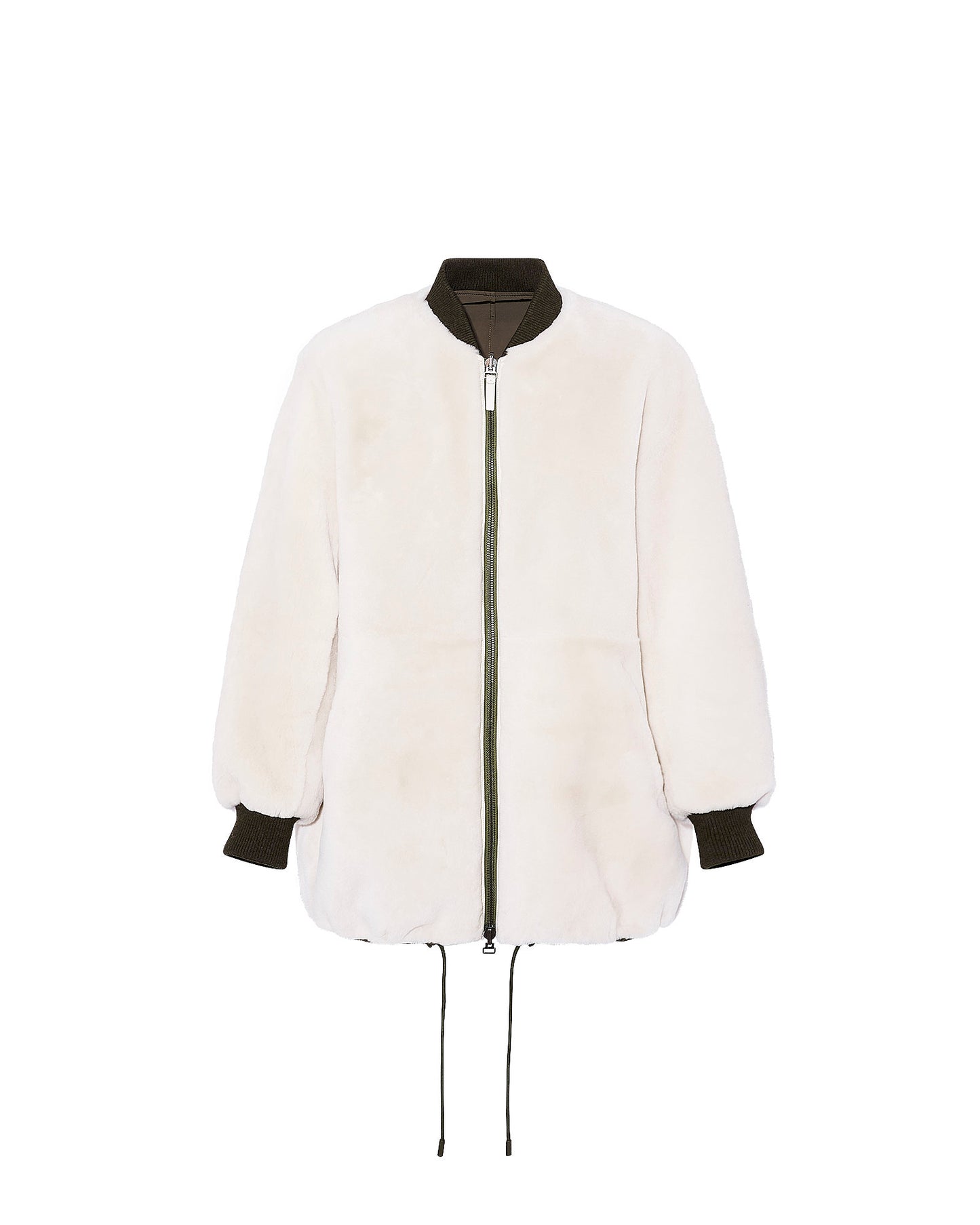 Long varsity jacket in shearling reversible technical fabric